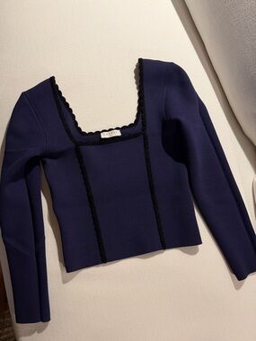 Sandro Navy Long-Sleeve Square-Neck Top with Black Scalloped Trim